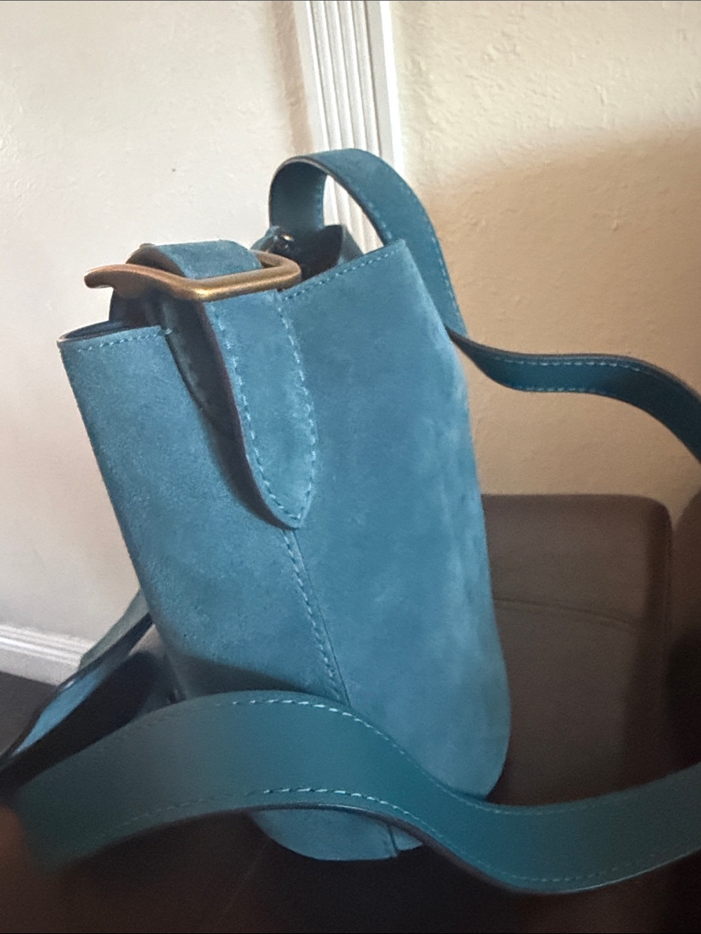 COACH Teal Suede Bucket Bag with Wide Adjustable Strap - Picture 5 of 11